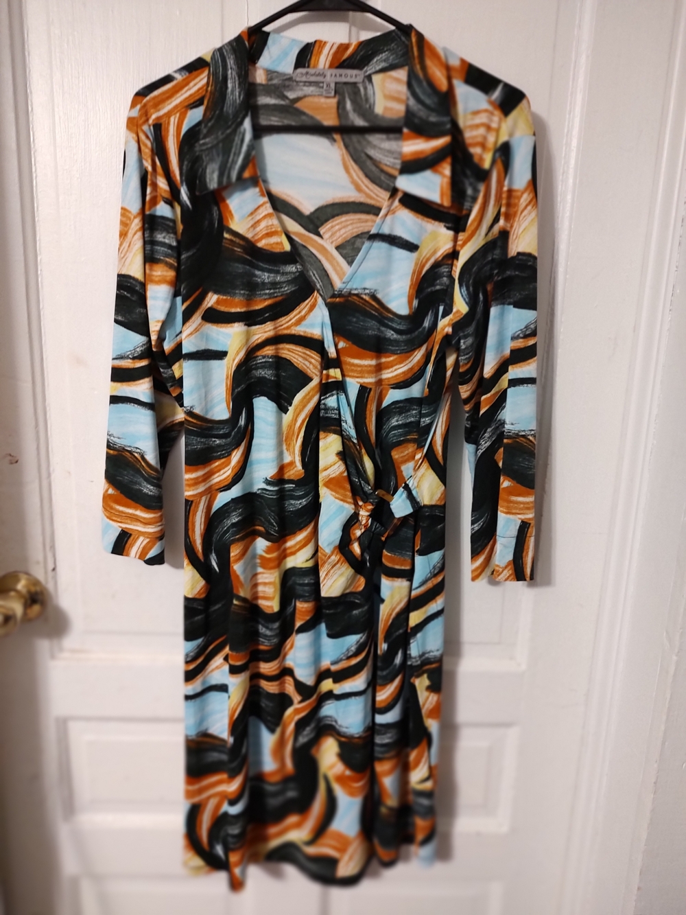 Absolutely Famous Long-Sleeve Wrap Dress in Blue, Black & Orange